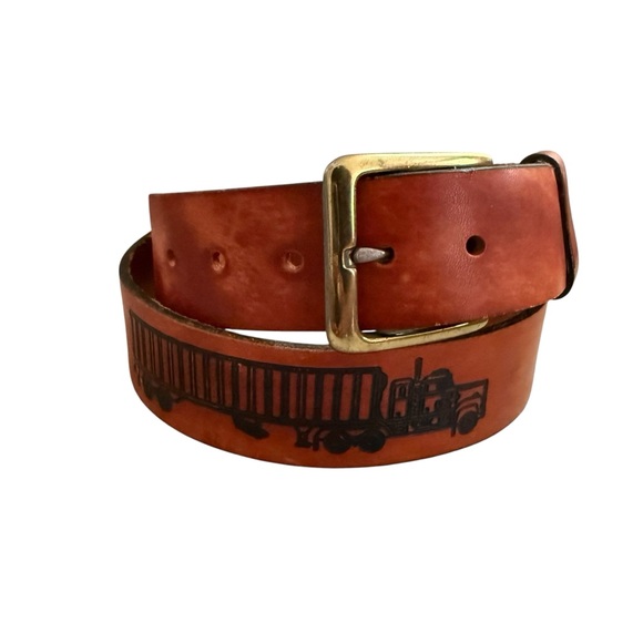 Vintage Other - Vintage Tooled Transport Truck Brown Leather Belt Size 34 Removable Buckle USA
